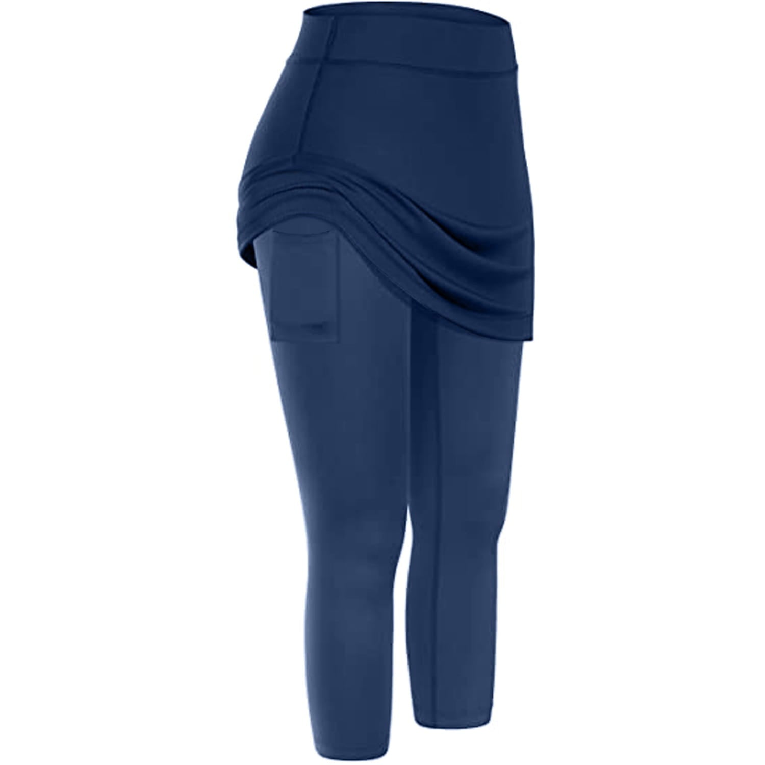 women tennis skirted navy blue athletic leggings with draped skirt overlay and side pocket designed for tennis use