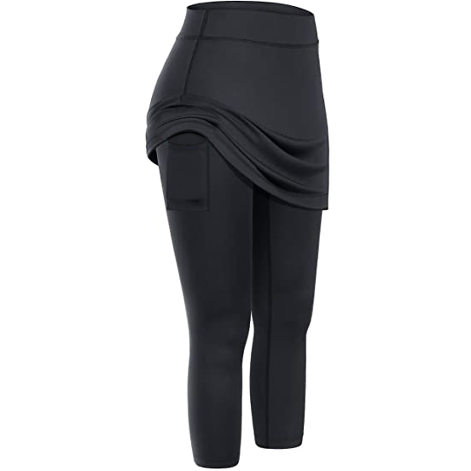 black women tennis skirted leggings with a draped asymmetrical skirt overlay and pockets designed for athletic use