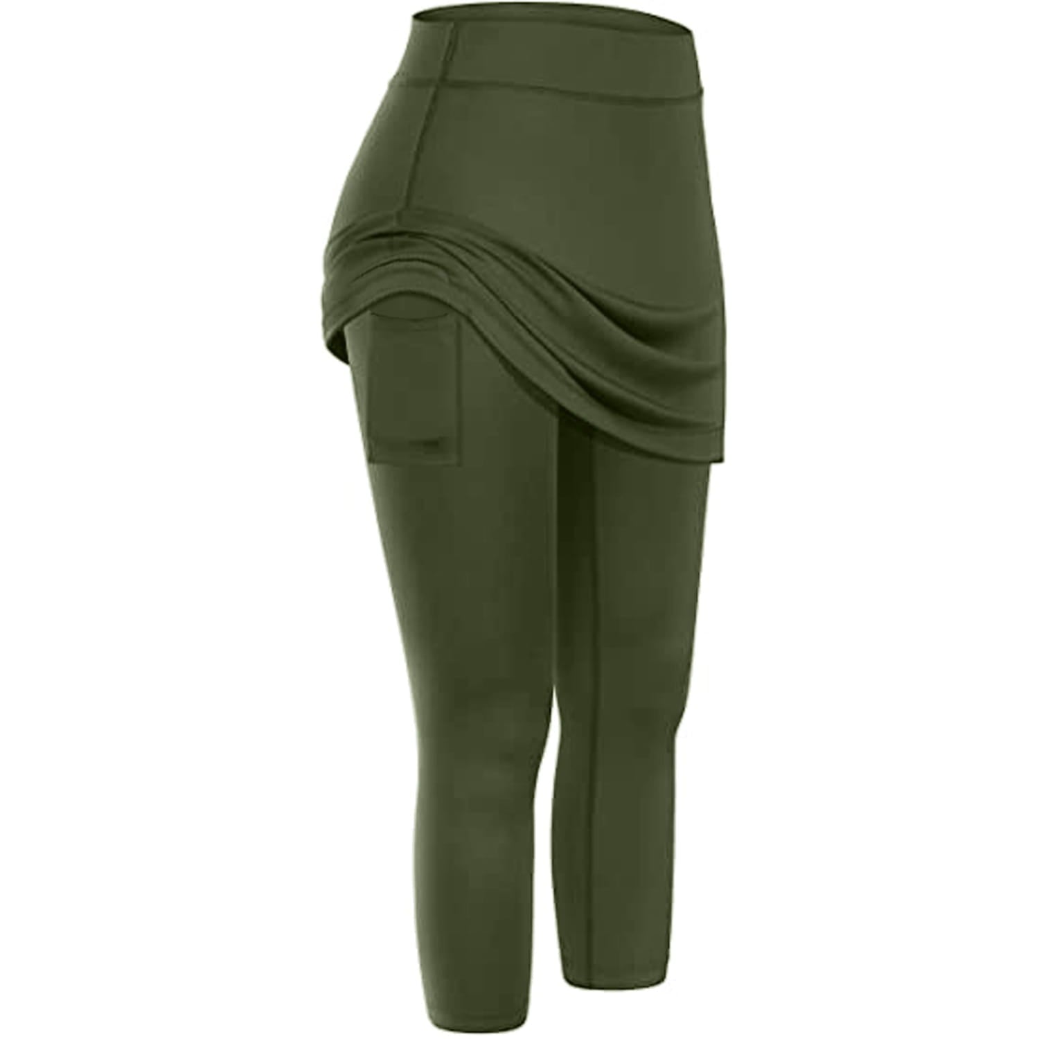 olive green women tennis skirted leggings featuring a draped skirt overlay and side pocket ideal for activewear use