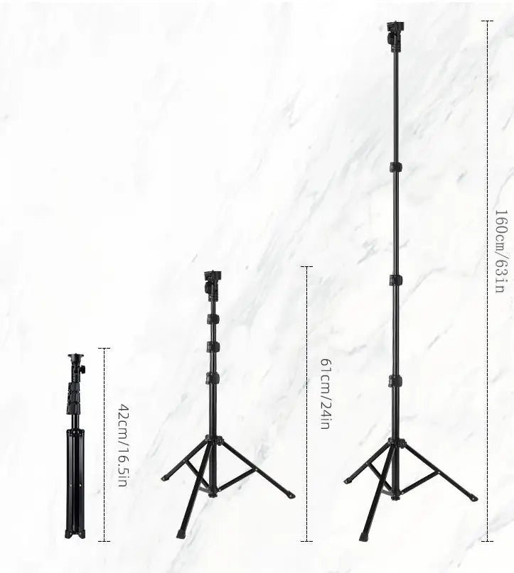 black telescopic tripod stand with adjustable height and three-legged base for 10 inch 26cm ring beauty light with phone holder