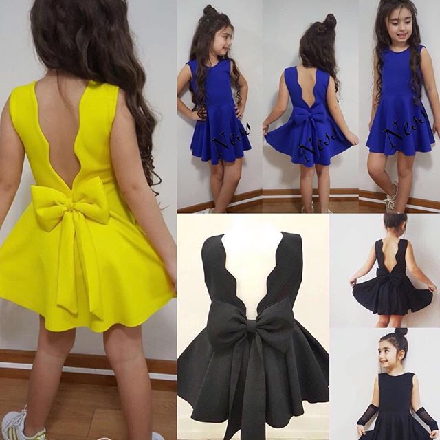 a vibrant yellow princess dress for summer girls sleeveless with a deep back cutout and large bow at the waist, displayed alongside matching black versions in various styles for clothing summer girls.