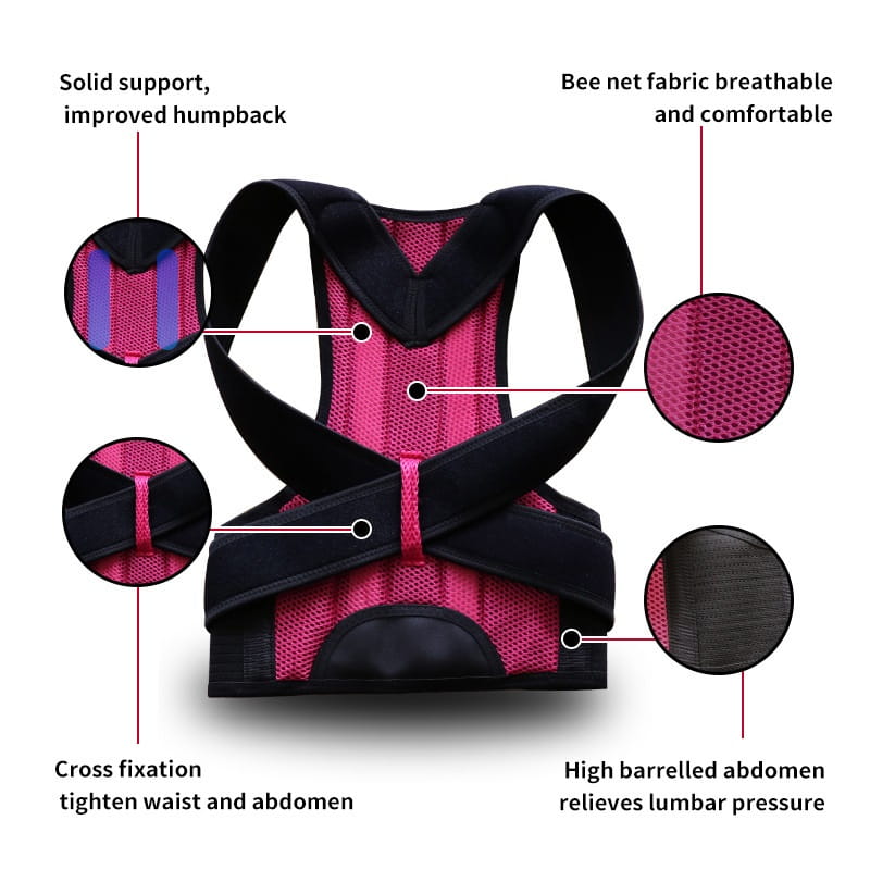 adjustable mesh posture correction belt in pink and black with a mesh back and adjustable straps designed for effective posture correction.