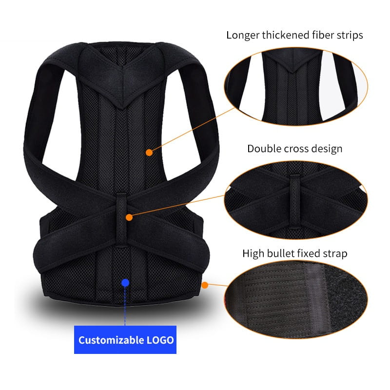 Adjustable mesh posture correction belt in black with mesh back, reinforced fiber strips, and double cross design for posture correction.