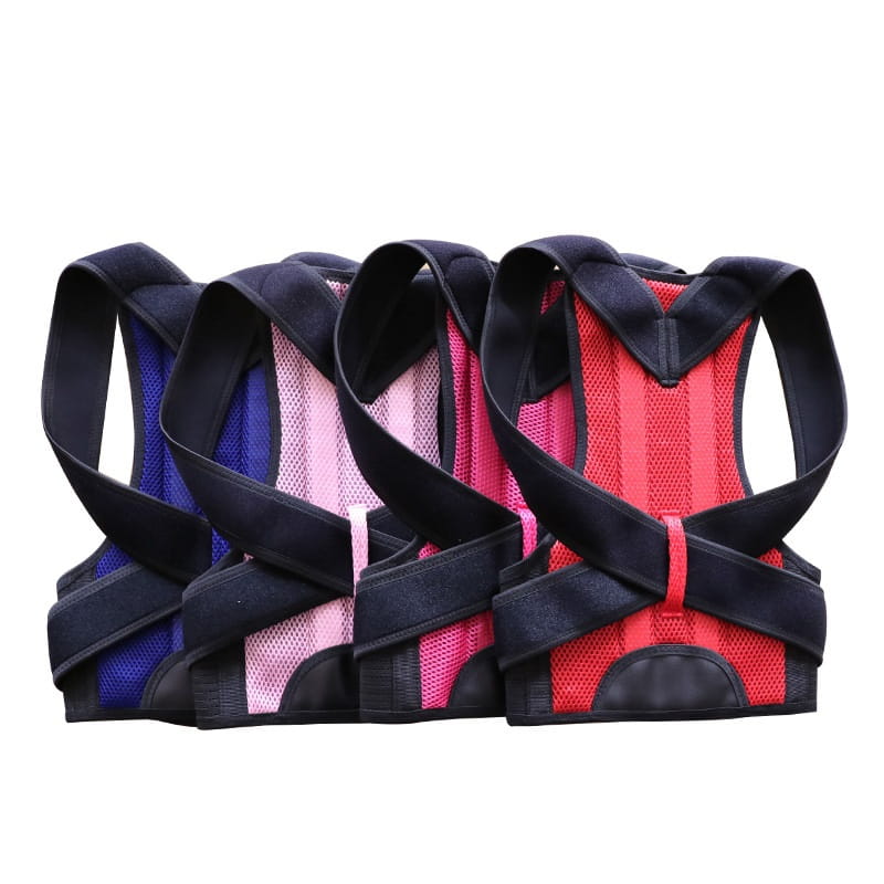 adjustable mesh posture correction belt in blue pink and red mesh with black elastic straps designed for effective posture correction and support.