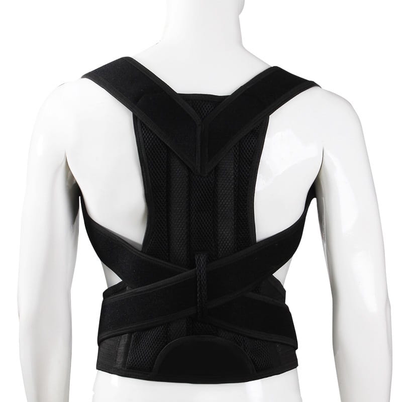 Adjustable mesh posture correction belt shown from the back side in black mesh and velour with adjustable straps for effective posture correction.