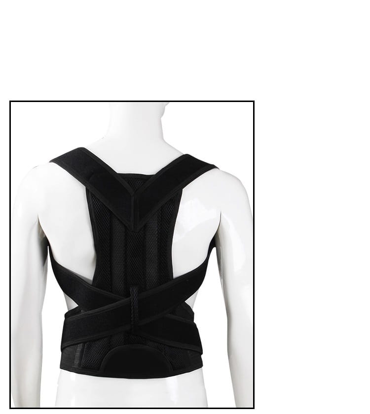 adjustable mesh posture correction belt in black features a breathable mesh and fabric design with adjustable straps for effective posture correction.