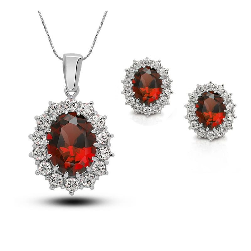 Elegant white gold crystal jewelry bridal necklace earrings set featuring a garnet and diamond halo pendant with matching earrings for a sophisticated bridal necklace earrings ensemble.