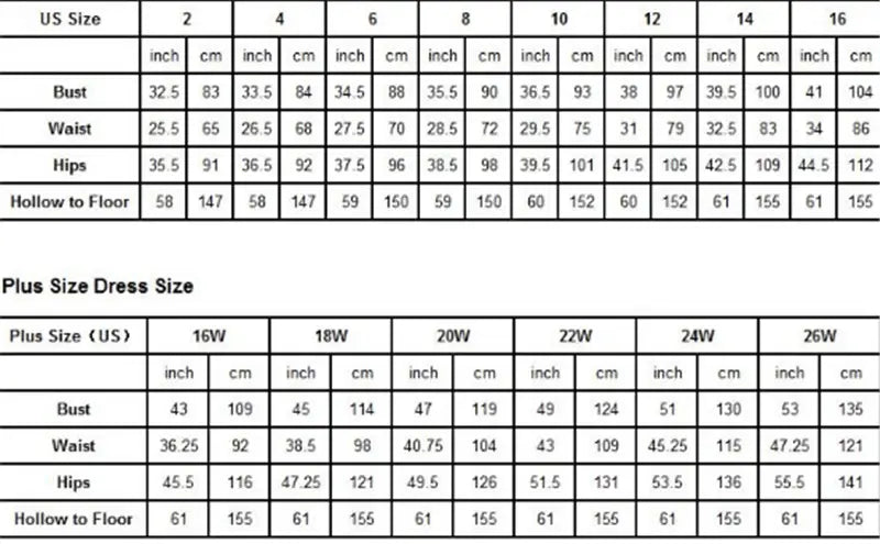 The image displays a detailed size chart in inches and centimeters for plus-size us sizes 16w to 26w for a pregnant women princess wedding dress with lace sleeves.