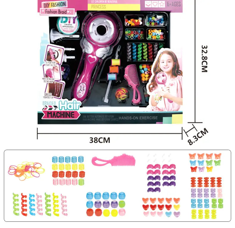 pink plastic girls electric automatic hair braid machine with heart-shaped handle and decorative swirls for automatic hair braid styling toy