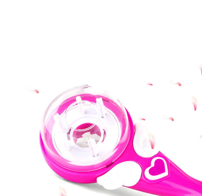 Image of a pink plastic girls electric automatic hair curler with a clear dome and white heart-shaped design on the handle for automatic hair braid styling.
