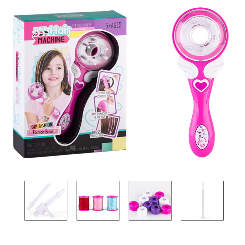 pink and white plastic girls electric automatic hair braid machine with heart-shaped handle designed as a fashion toy