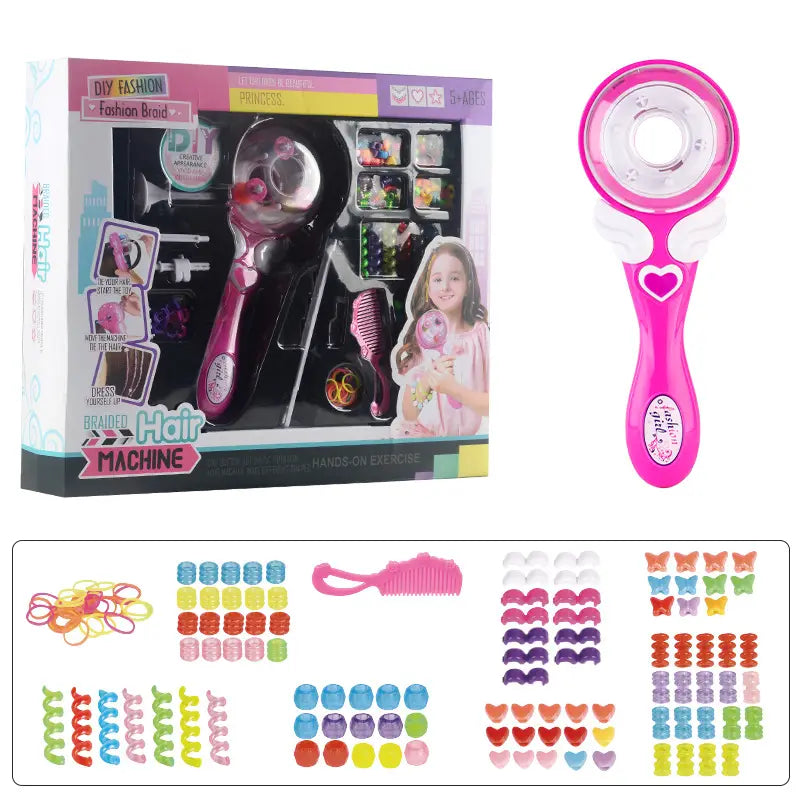 pink plastic girls electric automatic hair braid fashion toy with heart-shaped handle and clear circular head for styling hair.