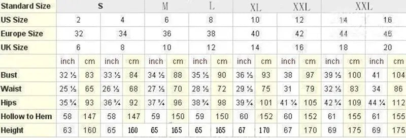 The image displays a size conversion chart for a lace and beaded floor length wedding dress listing standard sizes from small to XXL with corresponding US Europe and UK measurements for bust waist hips hollowness to hem and height.