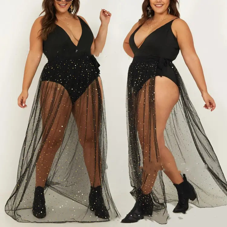 black sequined bodysuit with a sheer starry mesh overlay and high slit featured in an american plus size sequined mesh slit maxi dress