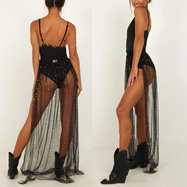 American plus size black sheer overlay maxi dress with sparkling embellishments and a high slit made of sequined mesh.