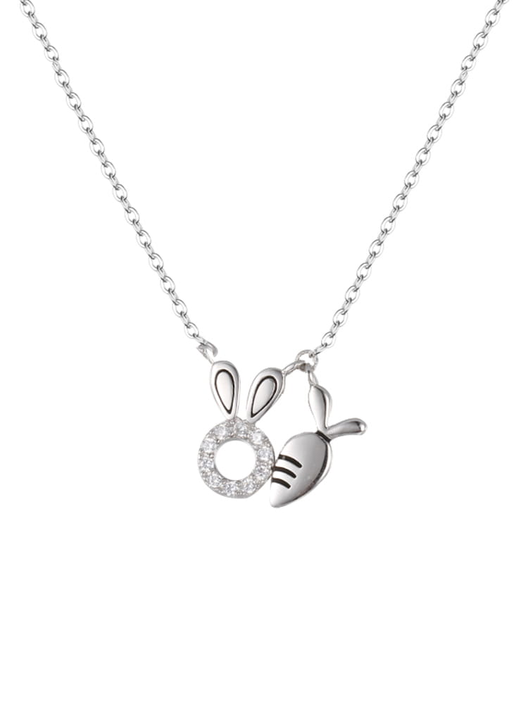 Silver bunny and carrot pendant necklace with a sparkling circular charm in latest 18k gold plated finish featuring a gold plated rabbit design.