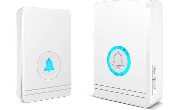 white wireless remote control doorbell host with button a600 units featuring glowing blue bell icons and a waterproof button design