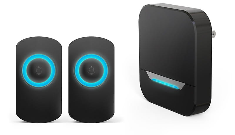 Black remote control doorbell host with two sleek waterproof button a600 units featuring glowing blue circular lights and a matching black receiver unit.