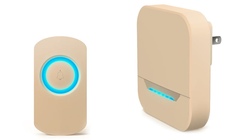 Beige remote control doorbell host with waterproof button a600 featuring a circular blue led ring on the button and a matching blue light strip along its base.