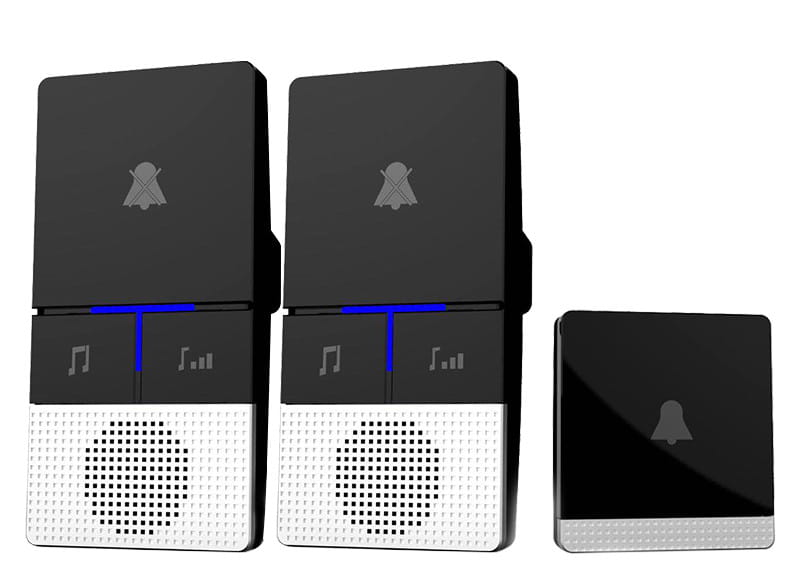 Black and white wireless doorbell host with a sleek modern design and glossy finish featuring a waterproof button a600 for convenient remote control use.