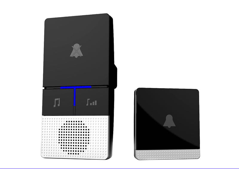 Black and white remote control doorbell host with sleek modern design and speaker grille featuring the waterproof button a600 for reliable wireless use.
