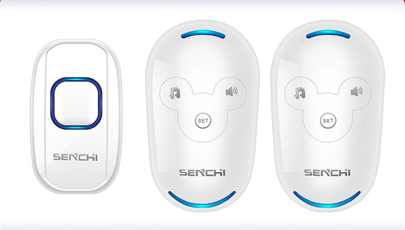 White senchi remote control doorbell host with button a600 featuring blue led accents and mickey mouse-themed waterproof button.