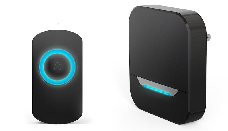 black remote control doorbell host with waterproof button a600 featuring a glowing blue circular button and matching led strip on the receiver