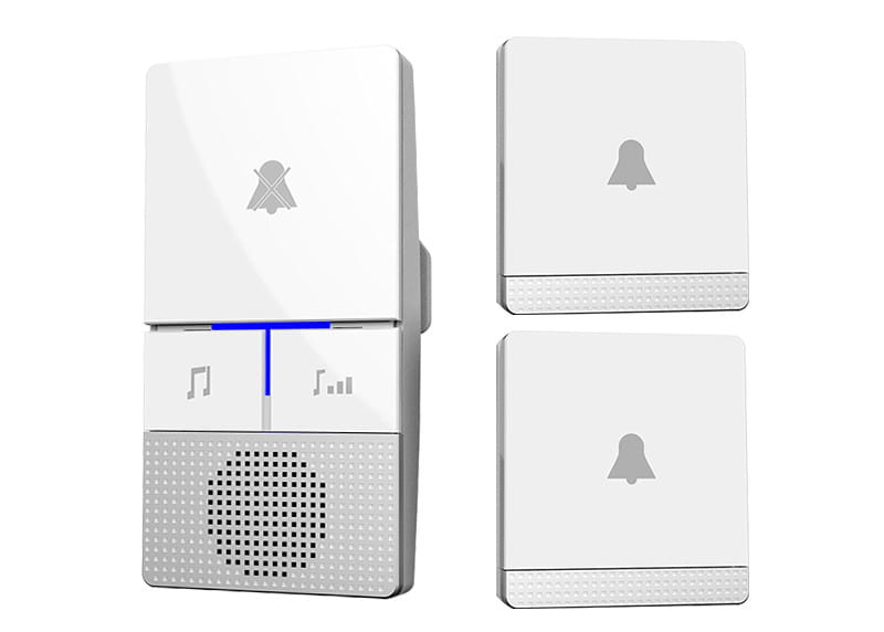 white wireless remote control doorbell host with button a600 featuring sleek modern design and two matching waterproof wall-mounted buttons