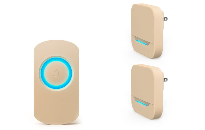 beige wireless doorbell host with waterproof button a600 featuring a circular blue-lit button and matching wall-mounted receivers