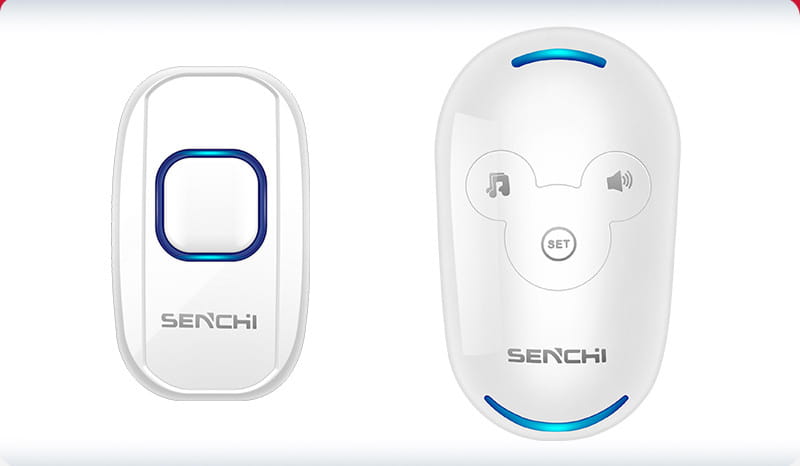 white plastic remote control doorbell host with blue illuminated buttons and mickey mouse-shaped waterproof button a600 design