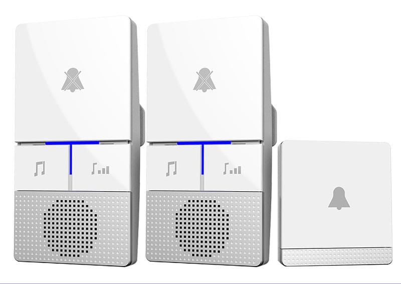 white wireless doorbell host with sleek modern design featuring two identical rectangular units and one smaller waterproof button a600 unit