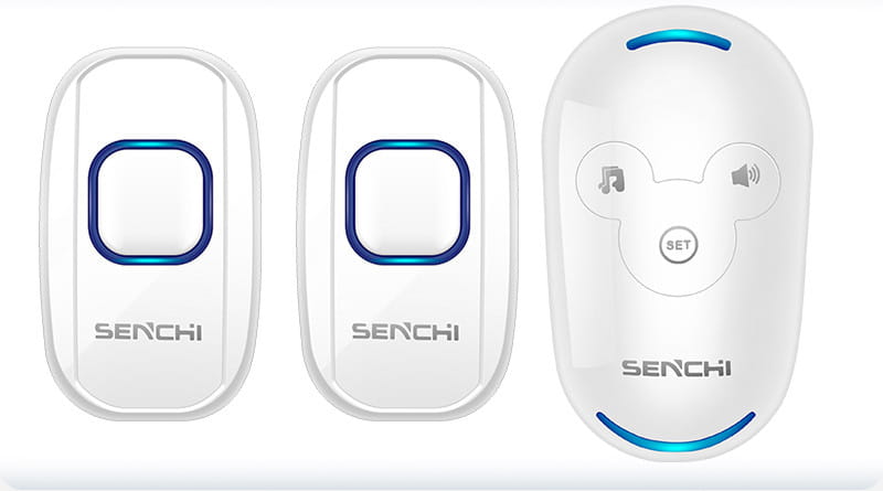 white senchi remote control doorbell host with button a600 features blue accent lighting and a mickey mouse-themed waterproof button.