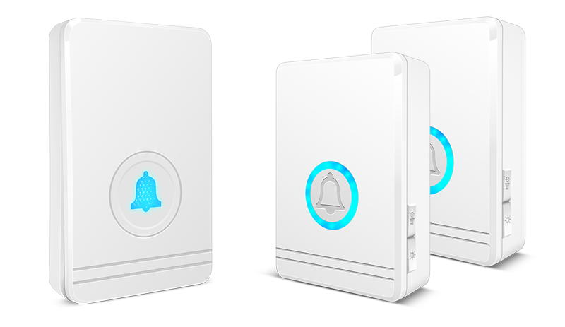 White wireless doorbell host with button a600 features waterproof button units with blue glowing bell icons on circular buttons.