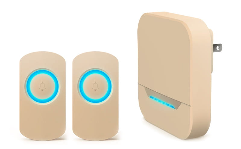 beige remote control doorbell host with button a600 featuring two waterproof buttons and a plug-in receiver each with illuminated blue circular rings.