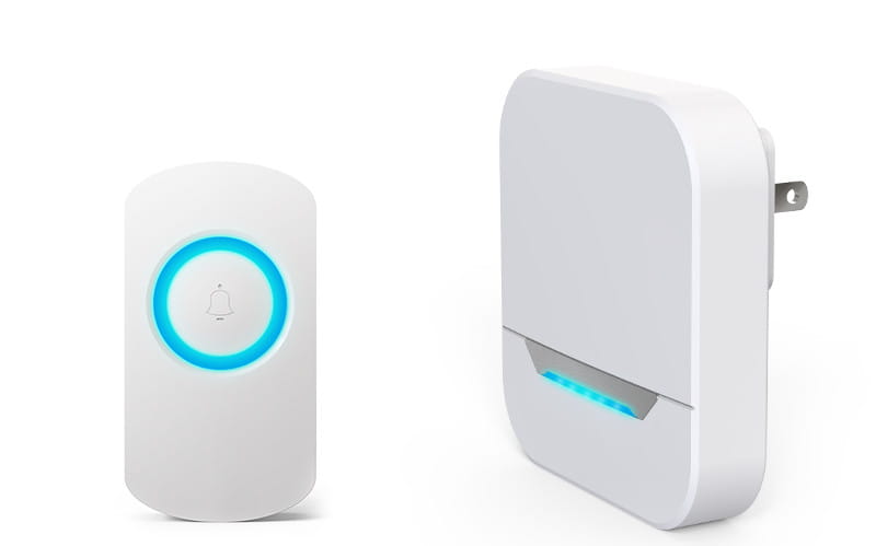 White remote control doorbell host with button a600 featuring a sleek minimalist design and blue led lighting around the waterproof button and plug-in base.