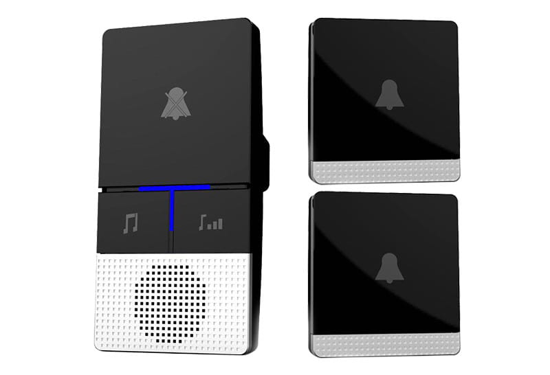 black and white wireless remote control doorbell host a600 with sleek modern design featuring a main unit with speaker grille and two matching waterproof button sensors.