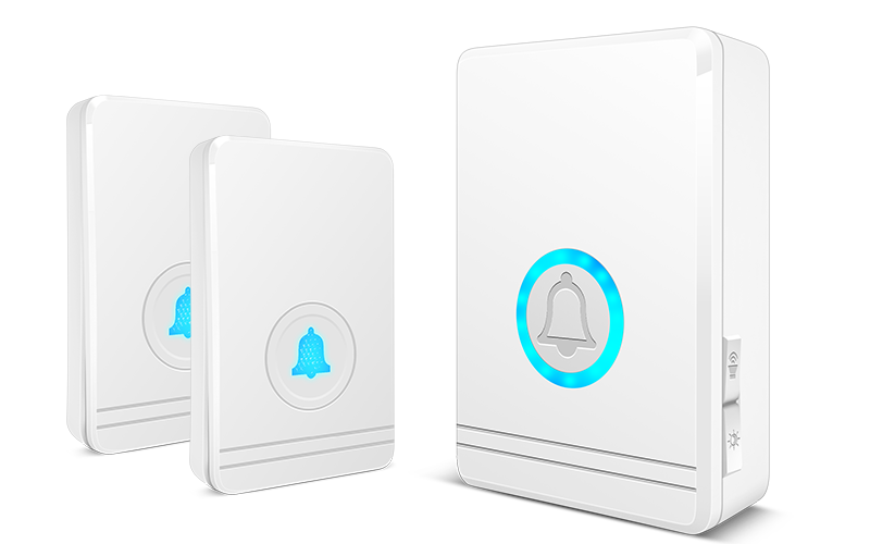 white wireless doorbell host with a glowing blue bell icon on the front panel featuring waterproof button a600 for remote control use