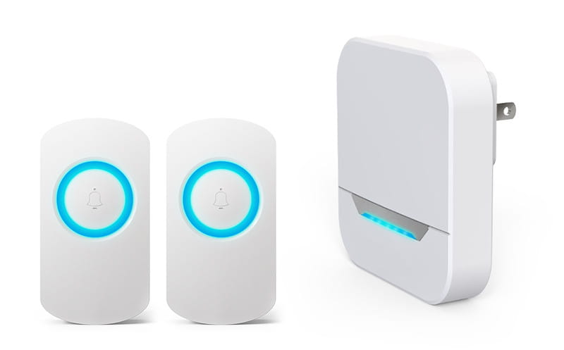 white wireless remote control doorbell host with two wall-mounted receivers featuring glowing blue circular waterproof button a600 and a plug-in base unit