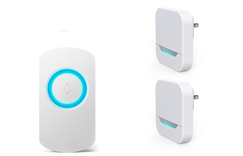 White remote control doorbell host button A600 featuring a circular blue LED ring on the waterproof button and two matching wall-mounted receivers.
