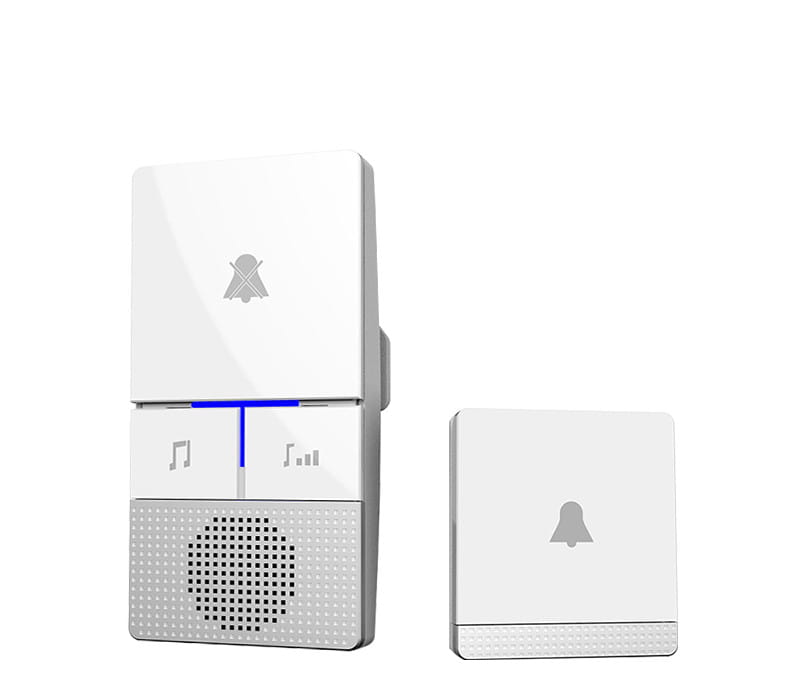 white wireless remote control doorbell host with speaker grille and minimalist icons featuring a waterproof button a600 for modern home use