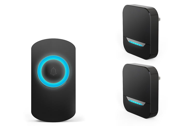 Black wireless remote control doorbell host with a glowing blue waterproof button a600 and two matching wall-mounted receivers.