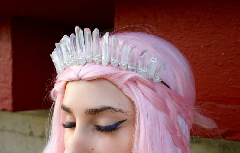 Clear crystal iridescent quartz crown headband hair accessory with pointed faceted spikes arranged in a bridal design.
