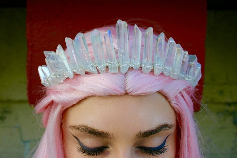 A delicate iridescent quartz crown headband hair accessory featuring translucent clear quartz points and a subtle silver wire framework, ideal for bridal hair accessories.
