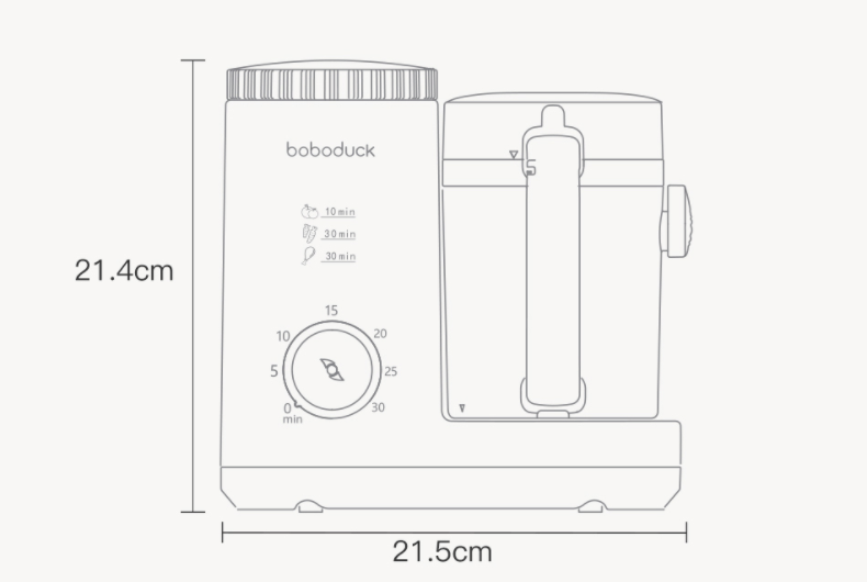 White boboduck brand small multifunctional complementary food machine with a circular dial and three preset cooking times on the front panel for food machine cooking and mixing integrated small tasks.