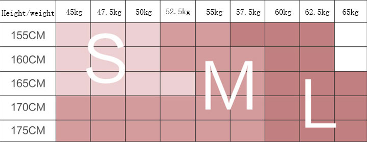 Size chart with height and weight measurements displaying s m l sizes in white text on pink gradient background for high waist camouflage hip lifting fitness pants stretch set.