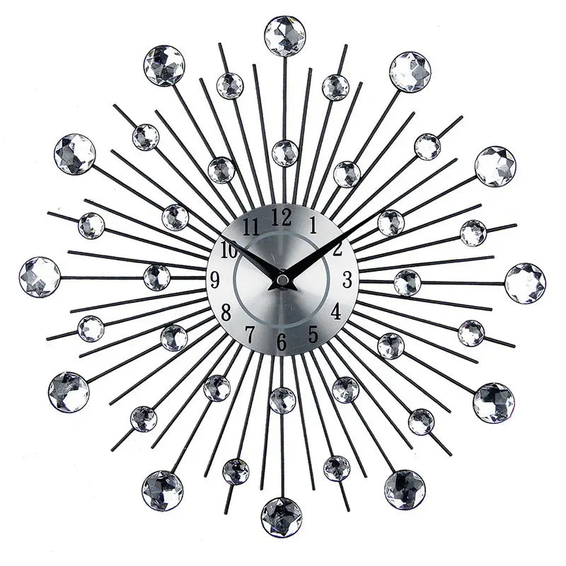 Silver sunburst mute wall clock with black metal rays and faceted crystal accents for living room decor.