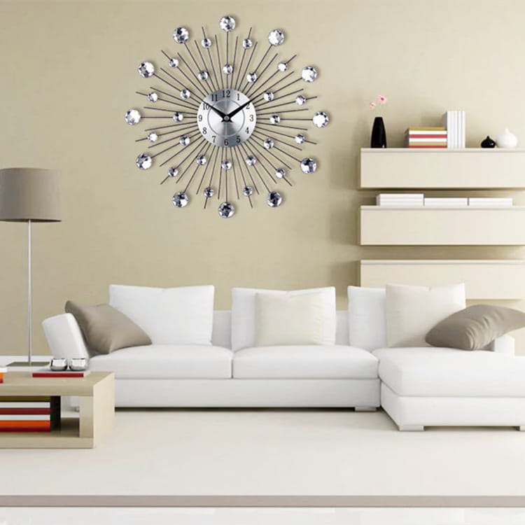 silver sunburst mute wall clock with sparkling crystal accents designed for the living room