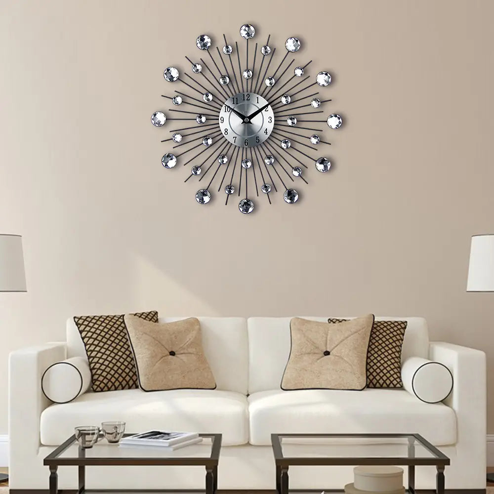 silver sunburst mute wall clock adorned with sparkling crystal accents for living room decor