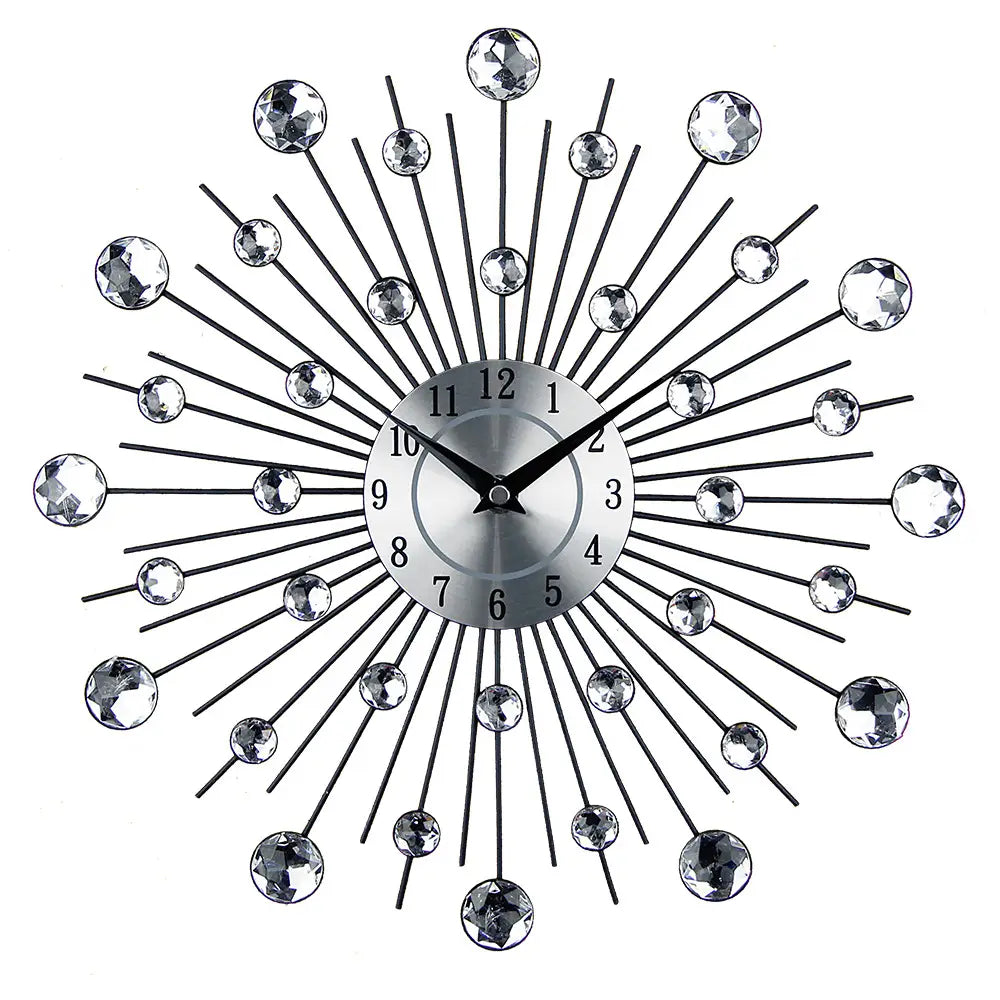 Silver sunburst mute wall clock for living room with black metal rays and faceted crystal accents.