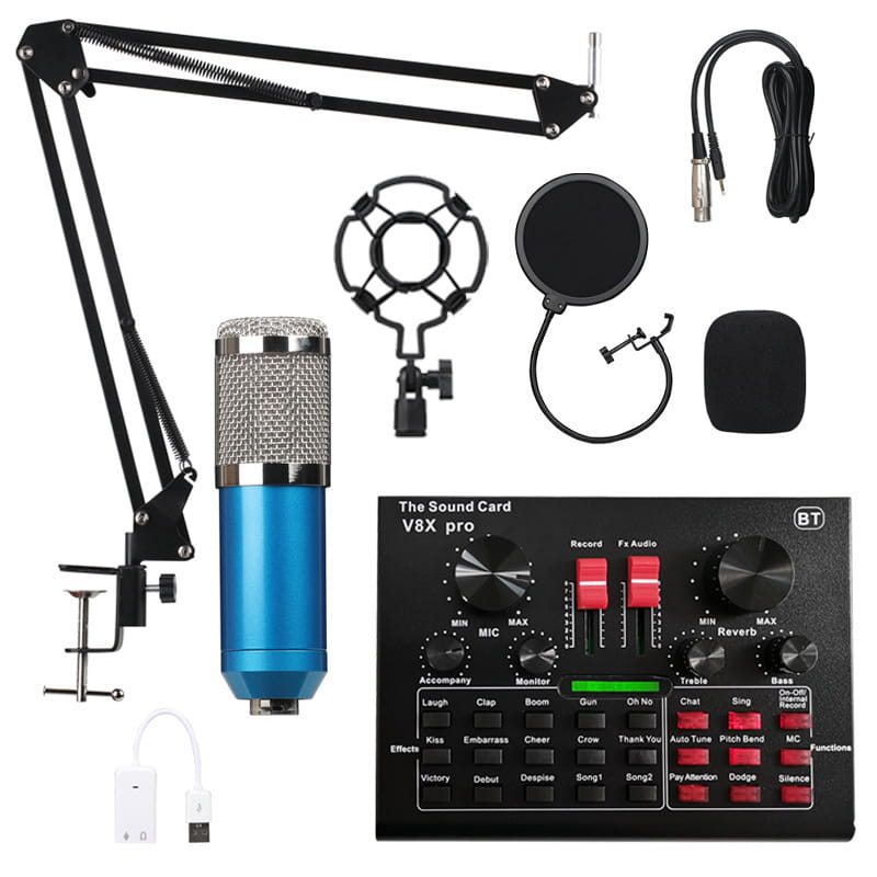 Blue condenser microphone with silver mesh grille and chrome accents mounted on a black adjustable arm stand in the V8X Pro sound card usb sound card with cantilever bracket microphone set.